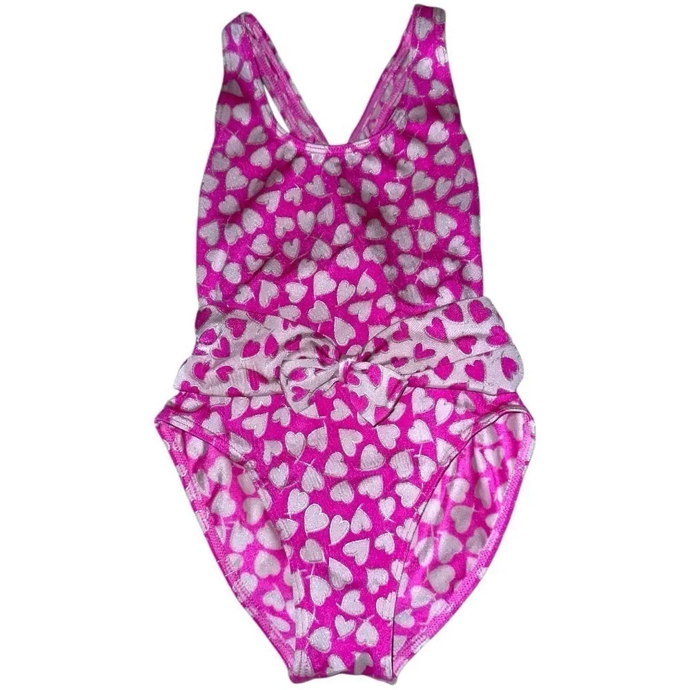 Vintage Girls Pink Heart One-Piece Swimsuit - Size S - Picture 1 of 4